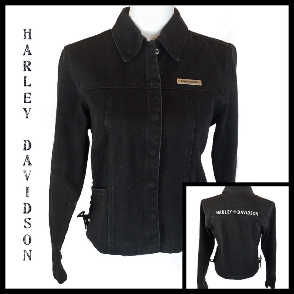 Harley Davidson Black Denim Fitted Jacket Size S